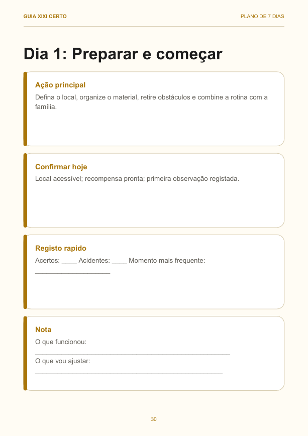 Página do plano diário dos primeiros três dias